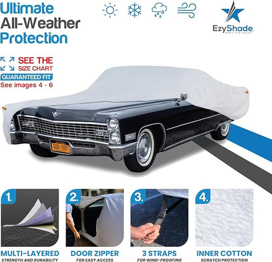EzyShade 10-Layer Waterproof Sports Car Cover. See Vehicle Size-Chart for Accurate Fit. All Weather Outdoor Covers. Thunderbird Impala Grand Fury Classic Cars. Sun Snow Rain. Size C7 (See SizeChart)