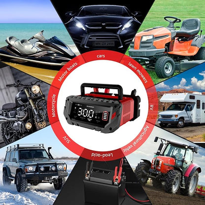 30-Amp Car Battery Charger, 6V/12V/24V Smart Automatic Automotive Charger, Battery Maintainer, Trickle Charger for Car, Motorcycle, Boat, Lead-Acid, Lithium, LiFePo4 Battery
