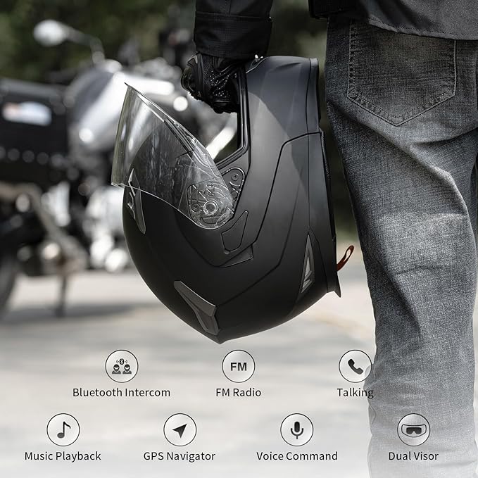 Motorcycle Helmet Bluetooth 5.0 Integrated New EPS FreedConn BM2-S Modular Flip Up Dual Visor Motorbike Helmet DOT FMVSS-218 Approved MP3 FM for Adults Men Women
