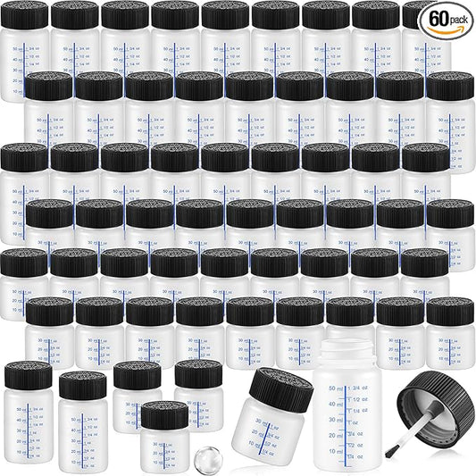 Maxcheck 60 Pcs Touch up Paint Bottles with Applicator Brush and Lids 2 oz and 1 oz Liquid Capacity Plastic Leftover Touch up Paint Container with Mixing Ball for Fixing Wall Stone Chip Car Surface