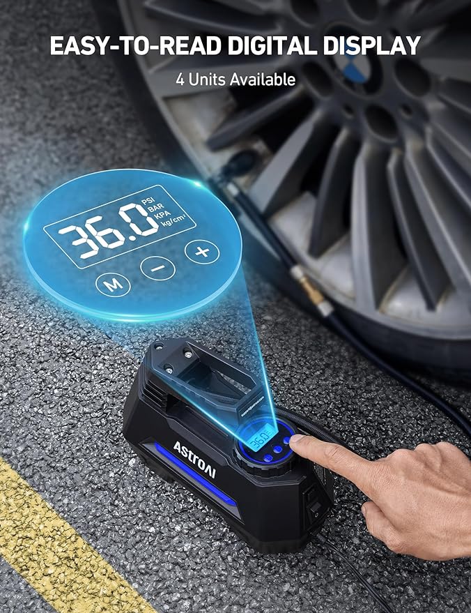AstroAI Tire Inflator Portable Air Compressor Tire Air Pump for Car Tires - Car Accessories, 9.8Ft Cord-12V DC-Powered Auto Pump with Digital Pressure Gauge, LED Light for Bicycle, Balloons, Blue