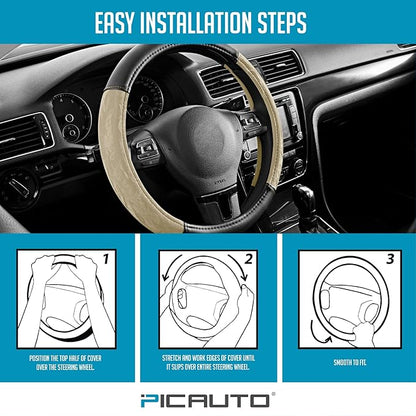 PIC AUTO Steering Wheel Cover, Silk Grain Leather Car Steering Wheel Protector, Comfortable Grip, Universal 14.5-15.5 Inch Anti-Slip Steering Wheels Accessories for Men & Women (Beige)
