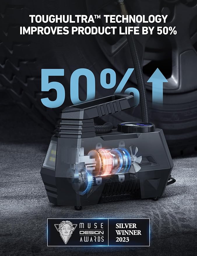 AstroAI Tire Inflator Portable Air Compressor Tire Air Pump for Car Tires - Car Accessories, 9.8Ft Cord-12V DC-Powered Auto Pump with Digital Pressure Gauge, LED Light for Bicycle, Balloons, Blue