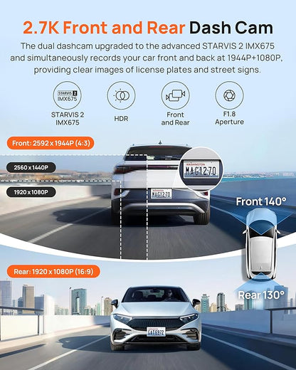 70mai Dash Cam Front and Rear A510,1944P+1080P with STARVIS 2 IMX675 and 64GB Card, Dash Camera for Cars, 4G LTE Support, ADAS, Built-in GPS WiFi, APP Control, HDR, 24H Parking Mode, Loop Recording
