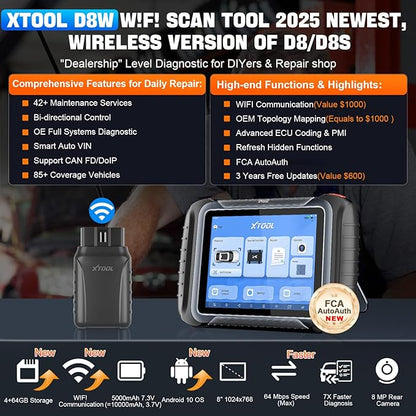 XTOOL D8W Wireless Bidirectional Scan Tool, 2025 OBD2 Scanner with Topology, FCA AutoAuth, 3-Year Updates, ECU Coding, PMI, 42+ Resets, Full Diagnostic Scanner for Car, Crankshaft Relearn, CAN FD/DoIP