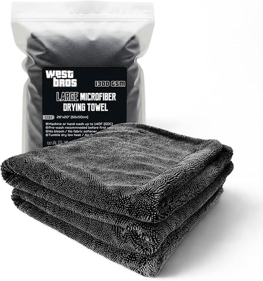 Large Car Drying Towel, 1300 GSM Professional Car Towel with Double Twisted Loop,Super Absorbent Large Microfiber Drying Towels for Cars, Trucks, SUVs - 20"x26", Gray