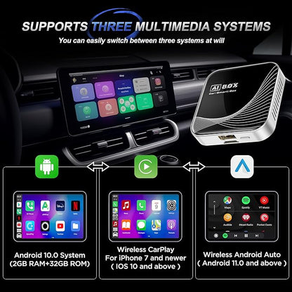 3-in-1 Wireless CarPlay Adapter & Android Auto Wireless Adapter, Plug & Play, Easy Setup, Supports Netflix, YouTube, TF Card, and More for Cars with OEM Wired CarPlay/Android Auto