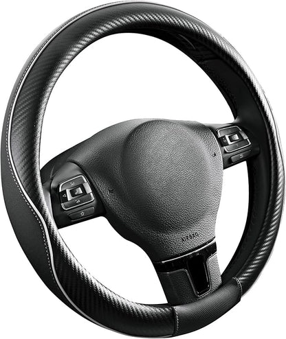 PIC AUTO Steering Wheel Cover, Gray Piping Leather, Sports Carbon Fiber and Super Breathable Leather, Universal 14.5-15.5 Inch Anti-Slip Steering Wheels Accessories for Men & Women