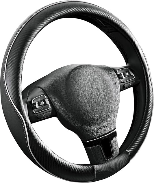 PIC AUTO Steering Wheel Cover, Gray Piping Leather, Sports Carbon Fiber and Super Breathable Leather, Universal 14.5-15.5 Inch Anti-Slip Steering Wheels Accessories for Men & Women