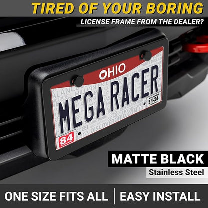 Premium Slim Matte Black License Plate Frames – 2 Pack, Rust-Free Stainless Steel & Rattle-Free, Street Legal, Universal with Screw Caps Cover, Thin Metal Front & Rear Car Tag Holders for Men & Women