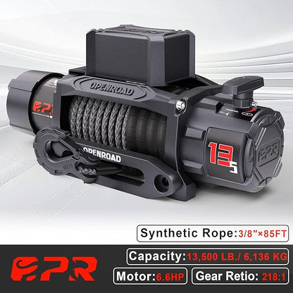 OPENROAD 13500 lb Recovery Winch with Synthetic Rope and 2 Wireless Remotes - IP68 Waterproof 12V Electric Winch for Jeep, SUV, Truck & Trailer - Panther Series 3S