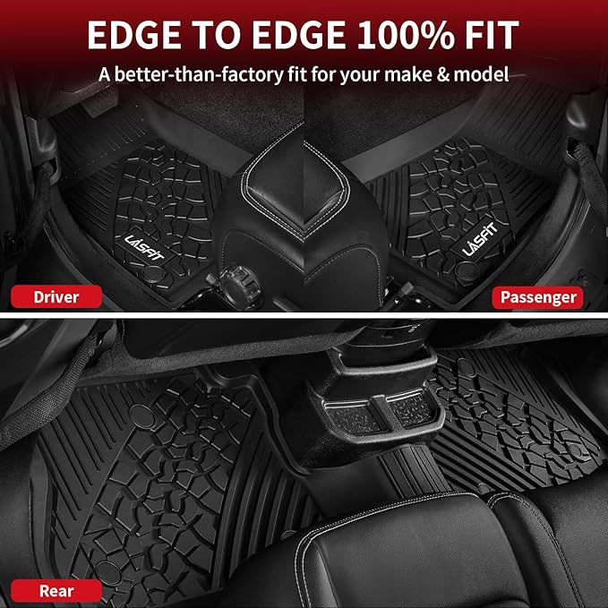 LASFIT Floor Mats for Jeep Wrangler JL 2018-2025 Unlimited 4 Door Gas/MHEV Type (Not Fit for JK or PHEV) All Weather TPE Custom Fit Car Mats Floor Liners 1st & 2nd Row, Black