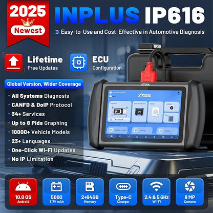 XTOOL InPlus IP616 V2.0 OBD2 Scanner Diagnostic Tool, Lifetime Update Scan Tool, 34+ Services, ECU Configuration, CAN FD & DoIP, All Systems Scanner for Car, Crank Sensor Relearn, ABS Bleed, Auto VIN