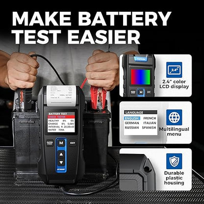 Car Battery Tester 12V 24V 100-2000CCA Lead-Acid Battery, TOPDON BT300P Alternator Tester, Load Tester, with Built-in Printer, Spark Free Metal Clamps, Automatic Reverse Polarity Protection