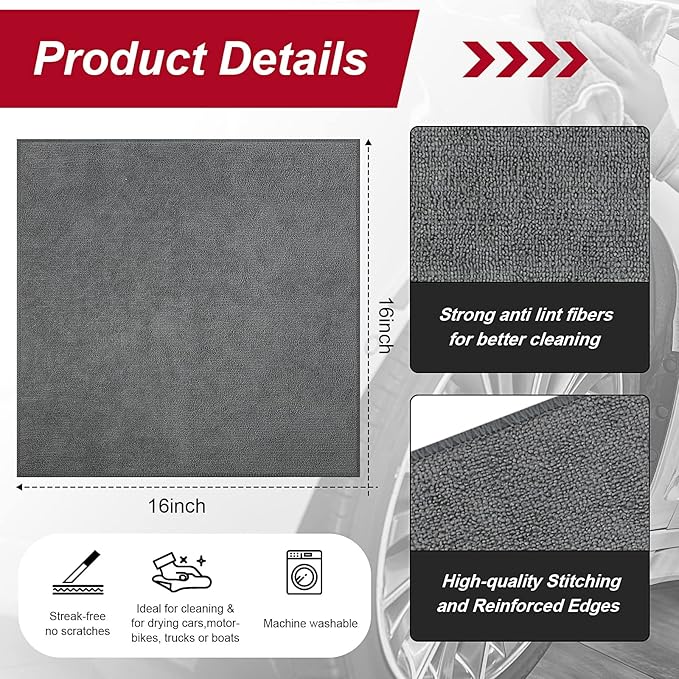 16 Pcs Microfiber Cleaning Cloth 16x16 Inch Microfiber Towels for Car Ultra Absorbent Cleaning Rags Reusable Lint Free Streak Free Detailing Towel for Car Washing Drying Dusting (Gray)