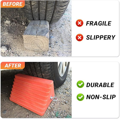 Premium 4 pcs Heavy Duty Wheel Tire Chocks, Vehicle Chocks with Eyebolt for Travel Trailers, Camper, Truck, Car and ATV 4 Pack, Orange