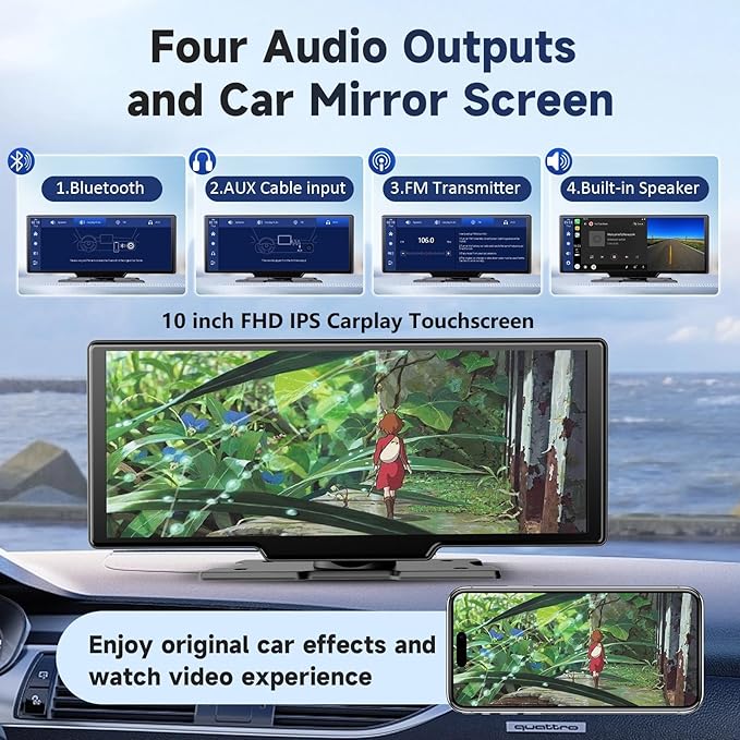Wireless Portable Carplay Screen for Car - 10.26Inch Carplay & Android Auto Car Touch Stereo, with 4K Dash Cam, Backup Camera,Bluetooth,GPS Navigation