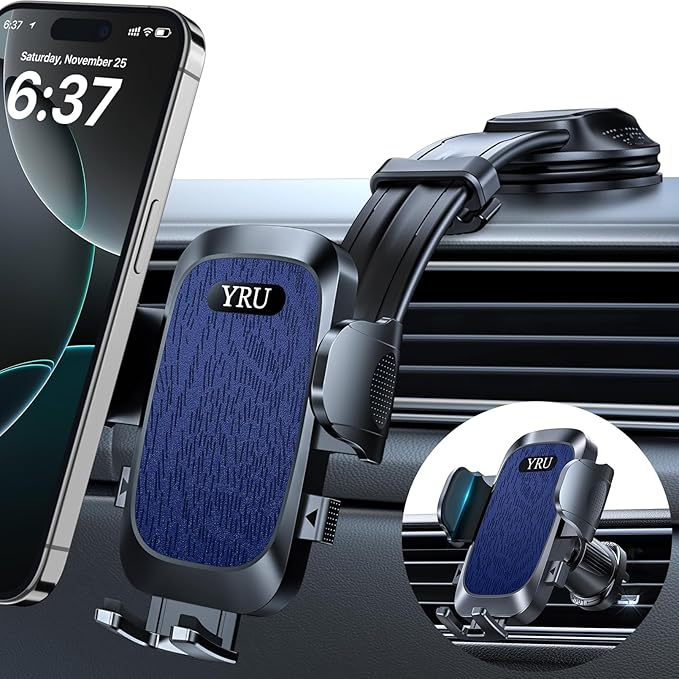 YRU [2025 Ultimate Car Phone Holder Mount [Bendable & Adjustable Aluminum Arm] Cell Phone Holder for Car Dashboard Windshield Phone Stand for iPhone16 15 14 Pro Max Samsung Pickup Truck, Dark Blue