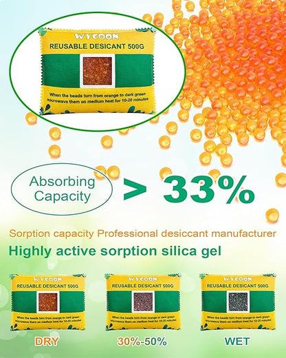 Rechargeable Desiccant Pack 6 x 500g, Moisture Absorber with Transparent Indicator Window, Desiccant Dehumidifier for Closet, Basement, Gun Safe, RV,Garage & Storage