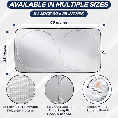EcoNour Truck Windshield Sun Shade with Storage Pouch | Reflective 240T Material Sun Shield for UV & Heat Protection | Foldable Windshield Cover | Must-Have Truck Accessories | X-Large (69"x35")