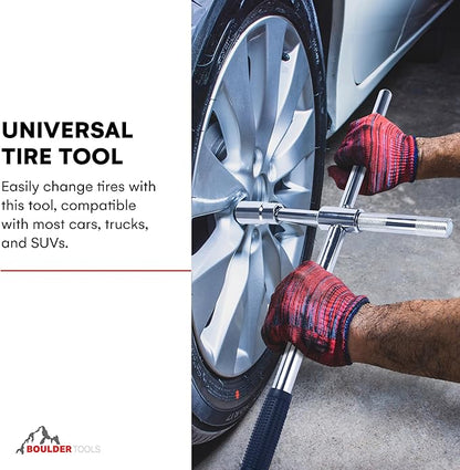 Boulder Tools 23 inch 4 Way Lug Wrench - Universal Telescopic Tire Removal Tool for Car and Truck - Portable Heavy Duty Tire Changing Tool for 19 mm and 21 mm Nuts - Durable Silver Aluminum Alloy