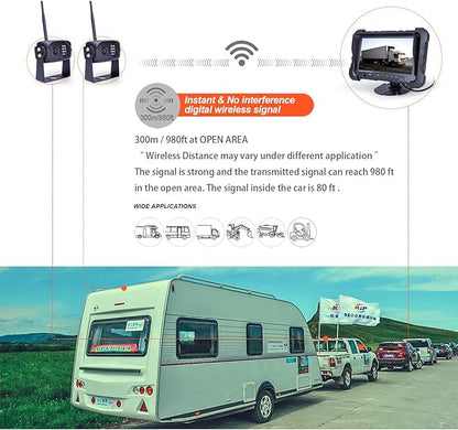 Digital Wireless Backup Camera System, Dual HD 720P Camera with Infrared Night Vision and Wide Viewing Angles, 7inch Wireless Monitor Split Screen for Trailer, RVs, Camper, 5th Wheel, etc