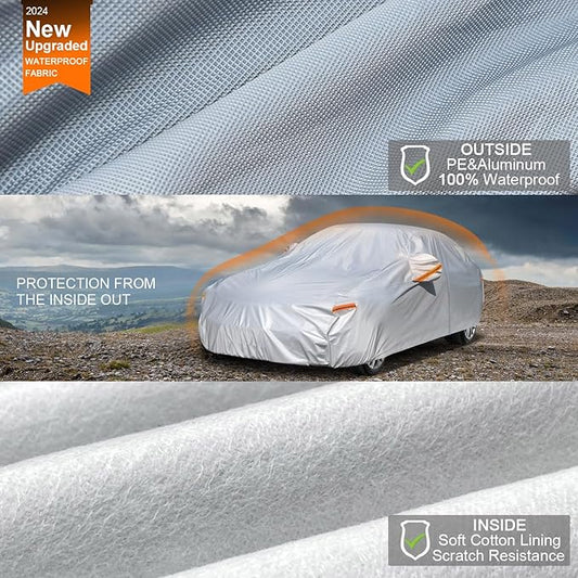 Kayme 6 Layers Car Cover Waterproof All Weather for Automobiles, Outdoor Full Cover Rain Sun UV Protection with Zipper Cotton, Universal Fit for Sedan (178-185 inch)