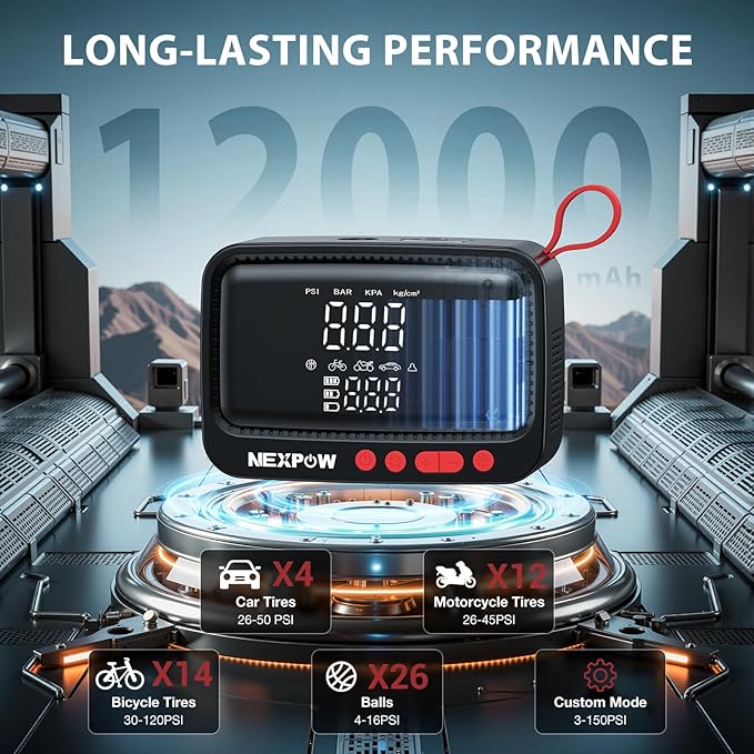 NEXPOW Tire Inflator Portable Air Compressor, 150 PSI Cordless Air Pump for Car Tires with Dual Digital Pressure Gauge and Auto Shut-Off, Portable Tire Inflator for Car, Motorcycle, Bicycle, Balls etc