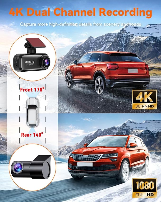 Dash Cam Front and Rear with 64GB Card, 4K+1080P Dual Dash Camera for Cars, Mini Car Camera, APP Control, Built-in Wi-Fi & G-Sensor, 170°Wide Angle, WDR, Night Vision, Loop Recording, Parking Mode