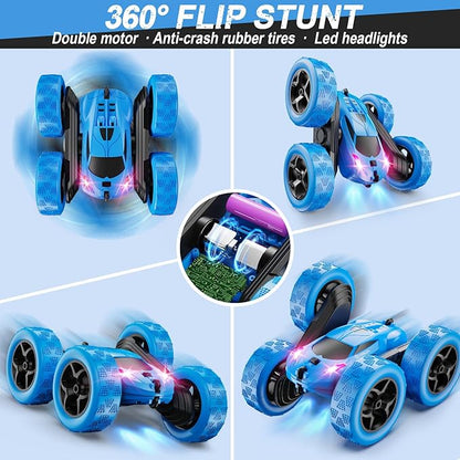 Remote Control Car, RC Cars Toys for Kids Ages 6-12, 4WD Stunt Car with LED Lights & 360° Flips, 2.4GHz, Upgraded USB-C Modular Batteries, 8-10 Year Old Boys Birthday Gift 1-Blue