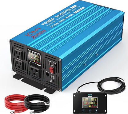 2000 Watt Inverter Pure Sine Wave DC 12V to 110V AC Power Inverters with 3 AC Charger Outlets, Car Inverter Solar Power Inverters for Vehicles Home with LCD Display and 2.4A USB Charging Ports