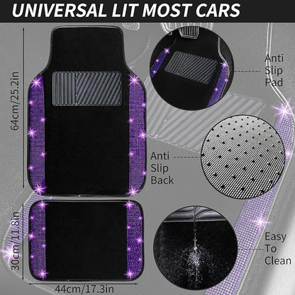 NBTEPEM Purple Violet Bling Car Floor Mats Full Set, Universal Fit Most Cars,SUV, Trucks, 4 pcs Sparkle Glitter Diamond Carpet for Women Girls with Anti-Slip Pad (Purple Violet Diamond)
