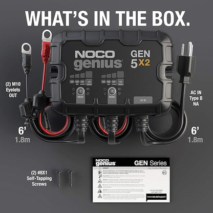 NOCO Genius GEN5X2: 2-Bank, 10A Onboard Battery Charger - 5A Per Bank, 12V Waterproof Marine Charger with Overcharge Protection & Temperature Compensation – for Lead-Acid & Lithium Batteries