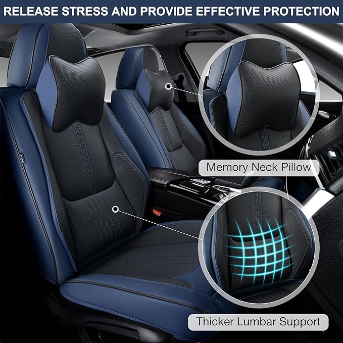 Car Seat Covers Full Set, Front and Rear Seat Covers for Cars, Waterproof Leather Auto Seat Protectors with Head Pillow, Car Seat Cushions Fit for Most Sedans SUV Pick-up Truck, Black&Navy