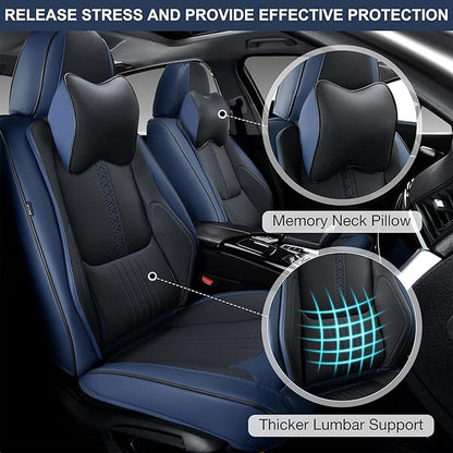 Car Seat Covers Full Set, Front and Rear Seat Covers for Cars, Waterproof Leather Auto Seat Protectors with Head Pillow, Car Seat Cushions Fit for Most Sedans SUV Pick-up Truck, Black&Navy