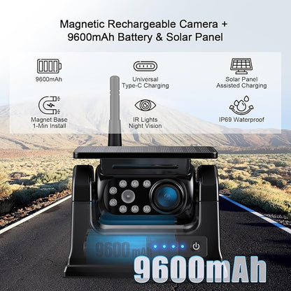Fookoo 2 Magnetic Solar Wireless Backup Camera 10.1" IPS Touchscreen Monitor 1 Min DIY Install Portable Scratch-Proof No Drilling HD 1080P DVR Rechargeable Night Vision for RV Truck Camper - DCM102