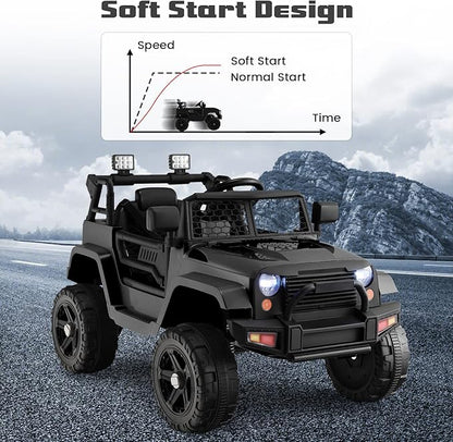 OLAKIDS Kids Ride On Truck, 12V Electric Vehicle Jeep Car with Remote Control, Toddlers Battery Powered Toy with 2 Speeds, Spring Suspension, Double Open Doors, LED Lights, Music, TF, USB, Mp3 (Black)