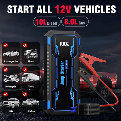 Car Jump Starter 6000A Car Battery Jump Starter Portable,12V Battery Jumper Starter Portable(10.0L Gas/8.0L Diesel),LCD Display Jump Box Jump Starter Battery Pack with Jumper Cable & Flashlight-Blue