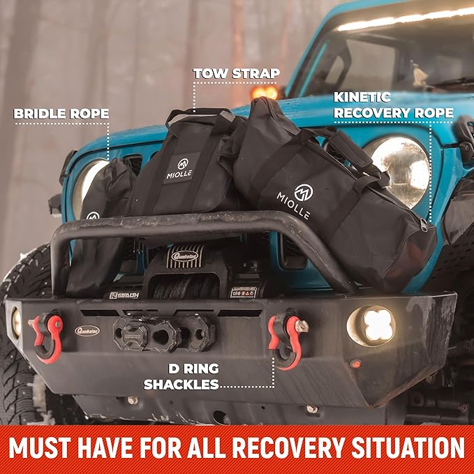 MiolleGear Kinetic Recovery Rope kit (7/8" x30', 10000lbs WLL) Heavy Duty Tow Rope - Includes 2 Soft Shackle 3/8 for UTV, ATV, Truck, Car, Jeep, Tractor