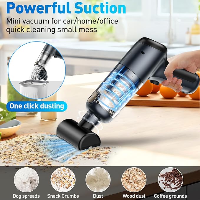 Mini Vacuum Cleaner, 120W High Power Handheld Car Vacuum Cleaner, 2 in 1 Air Duster and Hand Held Vacuum Portable Cordless, Rechargeable Small Vacuum for Car, Home, Office, Pet（Black）