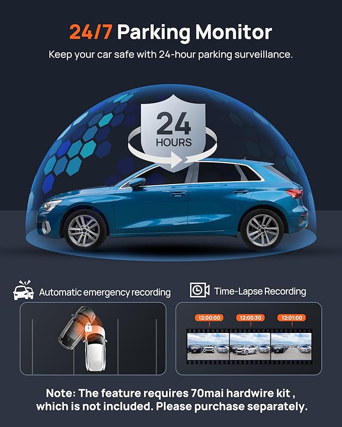 70mai 2.7K Dash Cam Front and Rear A500S, Dual Dash Camera for Cars, Dashcam with APP, Sony IMX335, ADAS, Built-in WiFi GPS, 2'' IPS Screen, WDR, Night Vision, 24/7 Parking Mode, Loop Recording