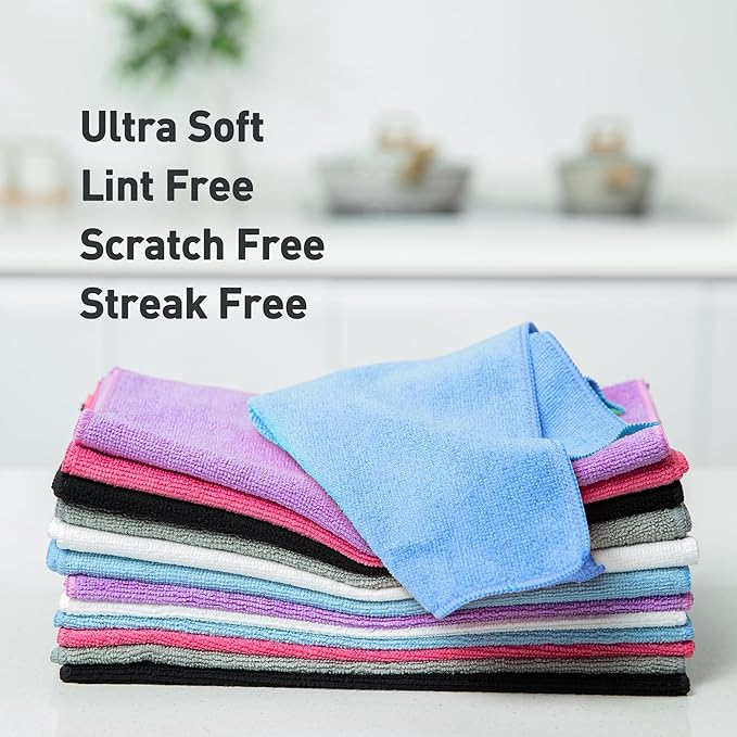 Blue Microfiber Cleaning Cloth 13"x13", Ultra Soft Absorbent Microfiber Cleaning Rags for Housekeeping Cleaning Supplies, Lint Free Reusable Cleaning Cloths for House Washable, Pack of 12