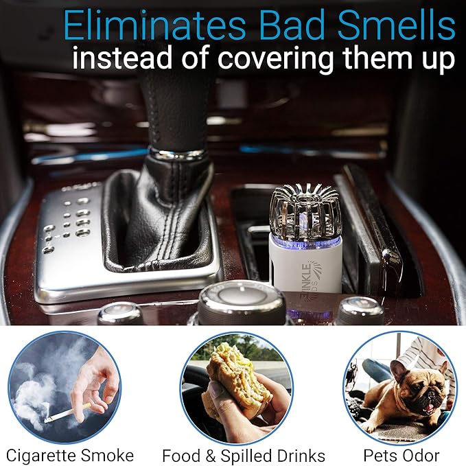 Car Air Purifier Ionizer - 12V Plug-in Ionic Anti-Microbial Car Deodorizer with Dual USB Charger - Smoke Smell, Pet and Food Odors, Allergens, Viruses Eliminator for Car (Matte White)