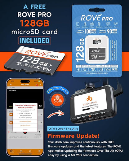 ROVE R2-4K DUAL Dash Cam Front and Rear, STARVIS 2 Sensor, FREE 128GB Card Included, 5G WiFi - up to 20MB/s Fastest Download Speed with App, 4K 2160P/FHD Dash Camera for Cars, 3" IPS, 24H Parking Mode