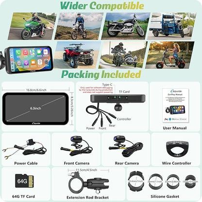 Carpuride W603D Motorcycle GPS Carplay Screen, Wireless CarPlay & Android Auto for Moto, with HD 1080P Dual Cameras, Remote Control，6.3" Waterproof Touchscreen, BT Aduio, Loop Recording, Navigation