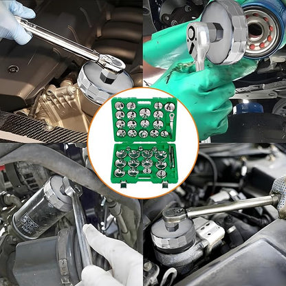 Auto Oil Filter Socket Wrench Set, Cup Type 1/2 inch Drive Cap Removal Tool, with Drain Plug Socket Set/Adjustable/Drive, Compatible, all Models Car, SUV, Oil Filter (35, GREEN)
