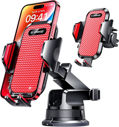 VANMASS [Pro Version] Universal Car Phone Mount [Super Suction Cup] Dashboard Phone Holder, Handsfree Windshield Dash Vent Phone Holder Car, Compatible for iPhone 16 15 14 13 Samsung LG & Truck,Red