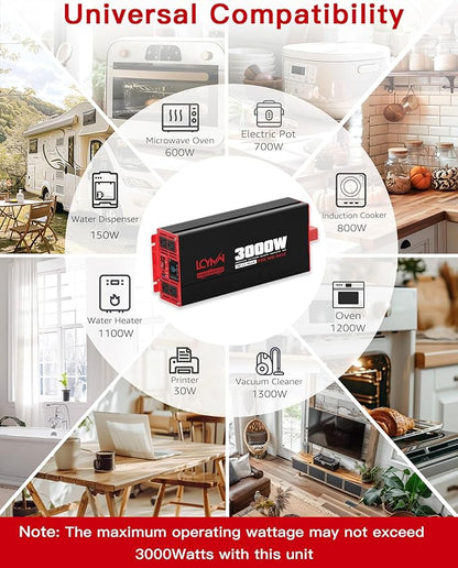 3000 Watts Power Inverter Pure Sine Wave DC 12V to 110V/120V AC 6000W Peak Inverters with 4 AC Outlets Type-C PD30W QC3.0 USB Fast Charging Port Remote Control and LCD Display Solar Off-Grid Converter