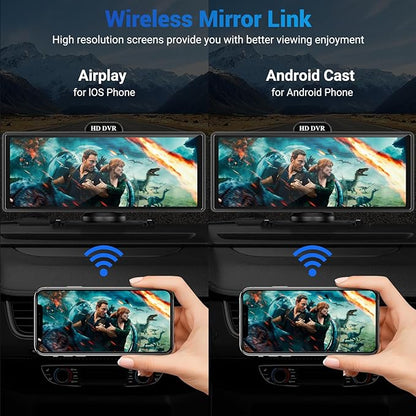 Wireless Apple Carplay Screen for Car 4K Dash Cam, 10.26" HD Touchscreen with Portable Apple Carplay & Android Auto Car Stereo, 1080p Backup Camera