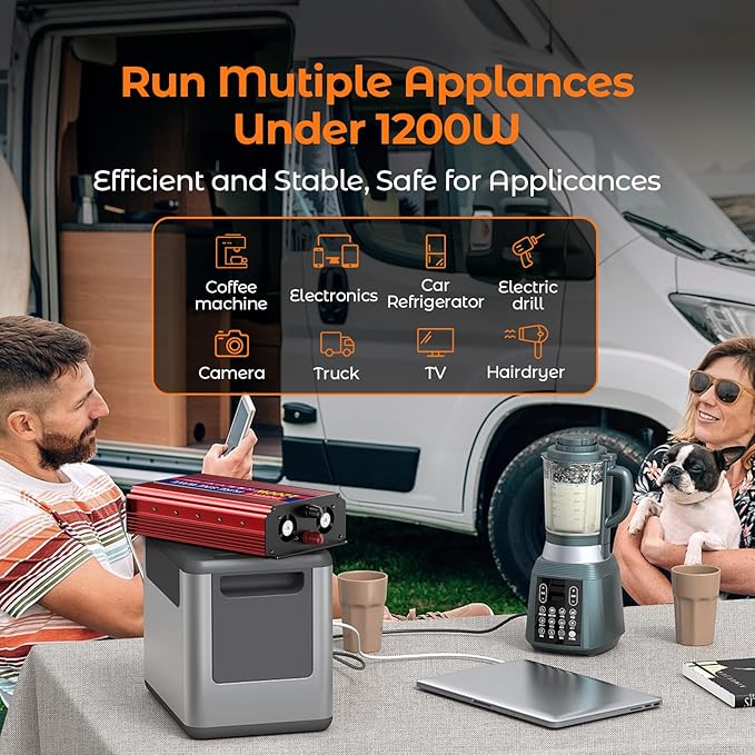 1200W Pure Sine Wave Inverter, 12V DC to 110V/120V AC Power Inverter for RV、Off Grid、Truck、with 2 AC outlets and LCD Display